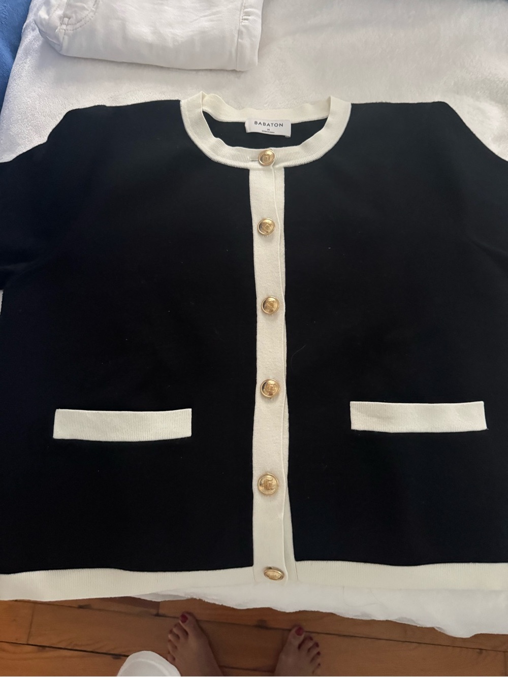 Babaton Approach Black and White Knit Button Cardigan